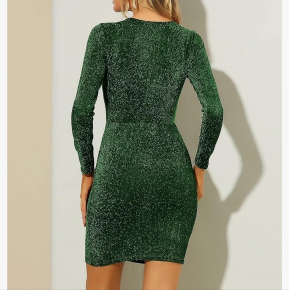 Women Sexy Party Dress V Neck Long Sleeve Stretchy Sparkle Glitter Bodycon Dress - Picture 2 of 10